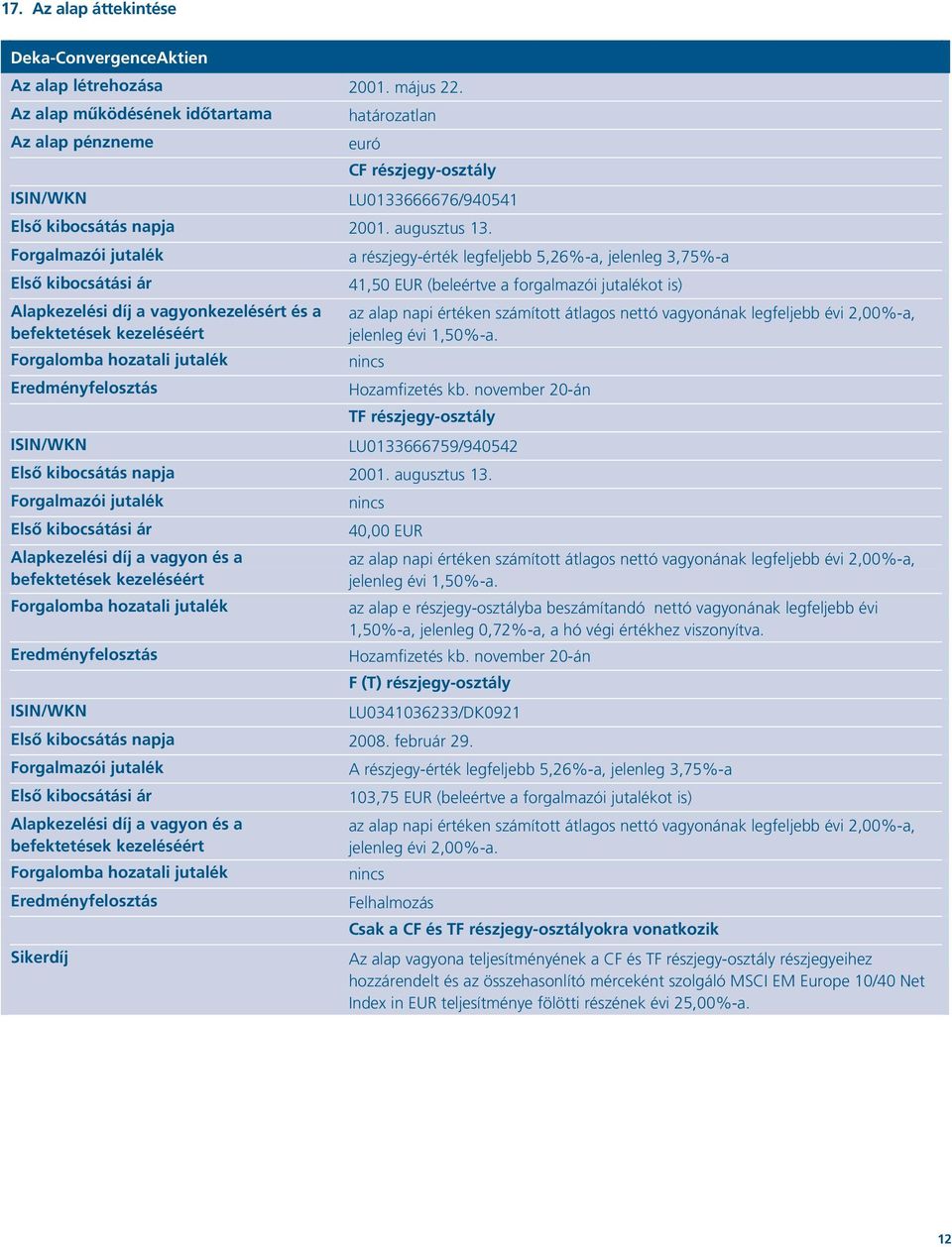 Forgalmazói jutalék Első kibocsátási ár Alapkezelési díj a vagyonkezelésért és a befektetések kezeléséért Forgalomba hozatali jutalék Eredményfelosztás ISIN/WKN a részjegy-érték legfeljebb 5,26%-a,
