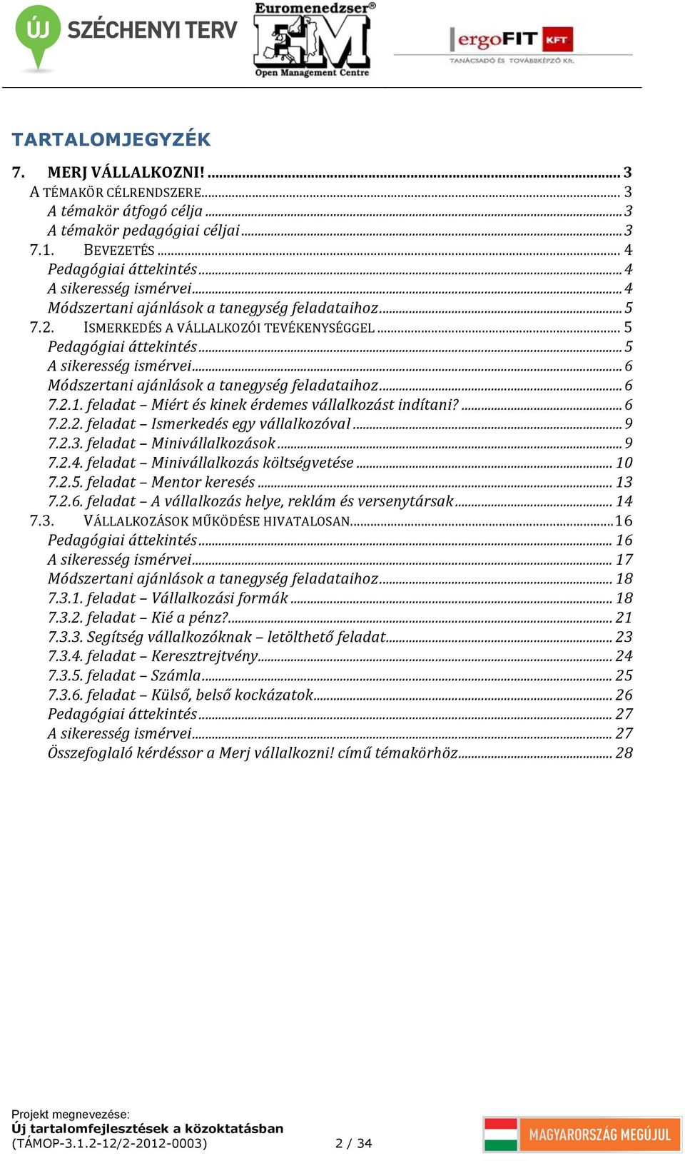 .. 6 Módszertani ajánlások a tanegység feladataihoz... 6 7.2.1. feladat Miért és kinek érdemes vállalkozást indítani?... 6 7.2.2. feladat Ismerkedés egy vállalkozóval... 9 7.2.3.