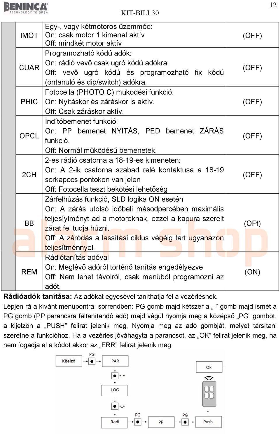 OPCL Indítóbemenet funkció: On: PP bemenet NYITÁS, PED bemenet ZÁRÁS funkció. Off: Normál működésű bemenetek.