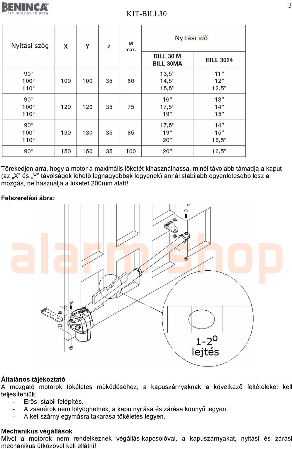 Felszerelési ábra: Általános tájékoztató A mozgató motorok tökéletes működéséhez, a kapuszárnyaknak a következő feltételeket kell teljesíteniük: - Erős, stabil