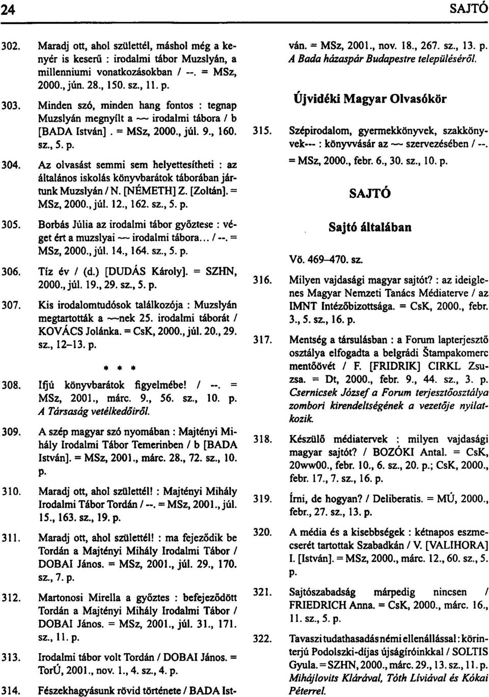 Az olvasást semmi sem helyettesítheti : az általános iskolás könyvbarátok táborában jártunk Muzslyán / N. [NÉMETH] Z. [Zoltán]. = MSz, 2000., júl. 12., 162. sz., 5. p. 305.