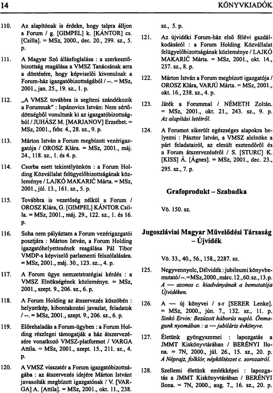 p. 112. A VMSZ továbbra is segíteni szándékozik a Forumnak" : Ispánovics István: Nem sértődöttségből vonultunk ki az igazgatóbizottságból / JUHÁSZ M. [MARJANOV] Erzsébet. = MSz, 2001., febr. 4., 28.