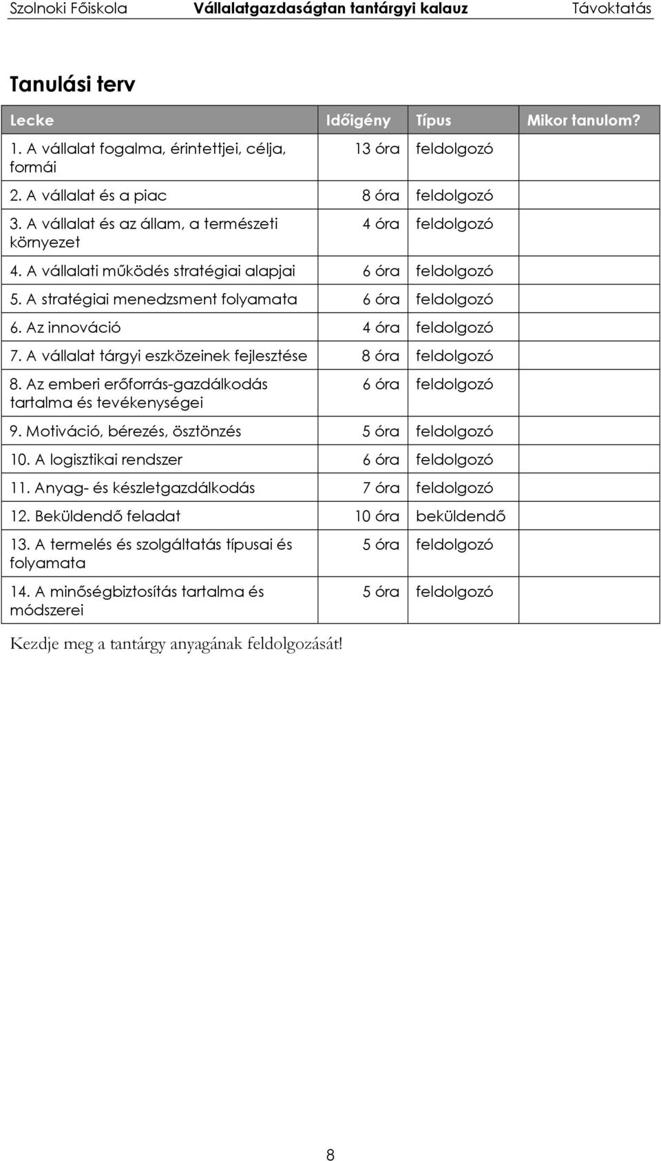 Az innováció 4 óra feldolgozó 7. A vállalat tárgyi eszközeinek fejlesztése 8 óra feldolgozó 8. Az emberi erőforrás-gazdálkodás tartalma és tevékenységei 6 óra feldolgozó 9.