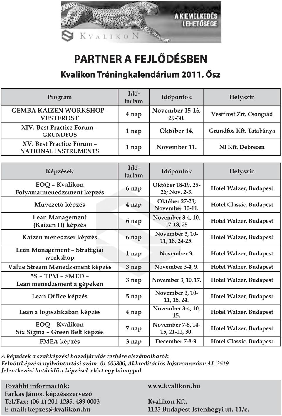 Debrecen Képzések EOQ Kvalikon Folyamatmenedzsment képzés Időtartam Időpontok Helyszín Művezető képzés 4 nap Október 27-28; November 10-11.