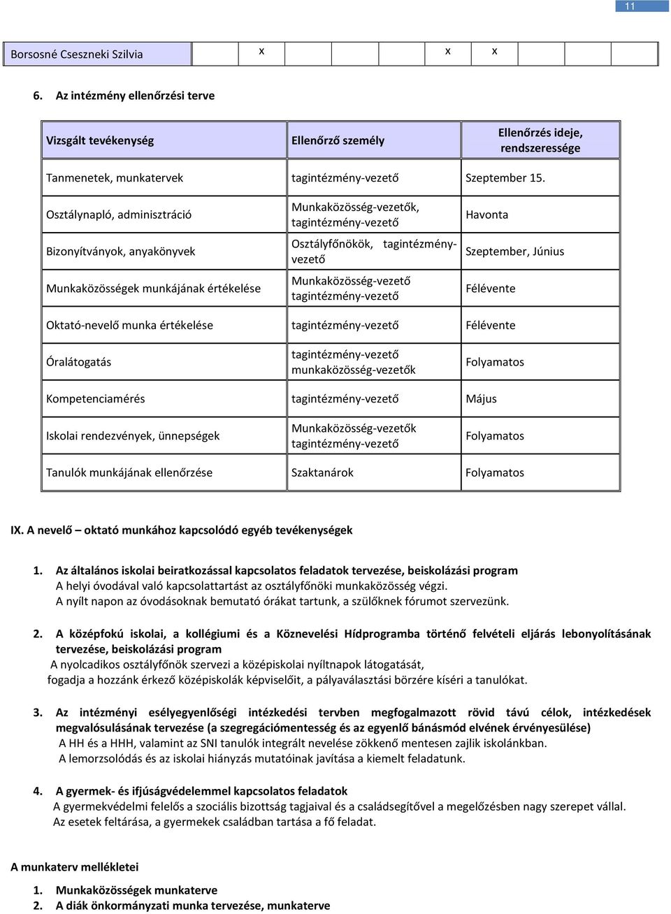 tagintézmény-vezető Havonta Szeptember, Június Félévente Oktató-nevelő munka értékelése tagintézmény-vezető Félévente Óralátogatás tagintézmény-vezető munkaközösség-vezetők Folyamatos