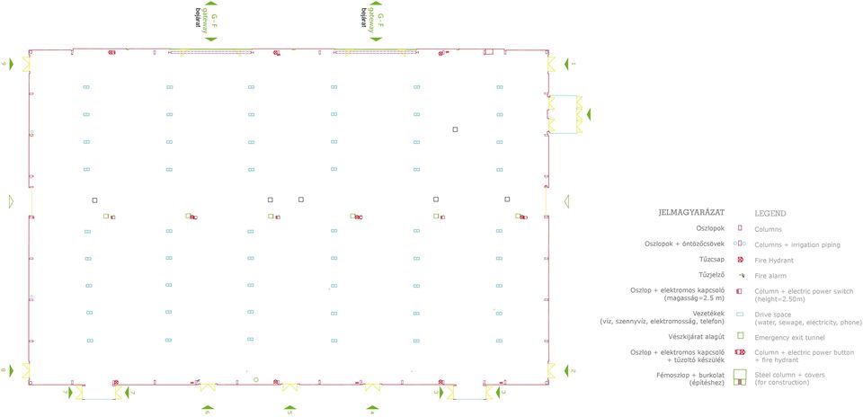 5 m) Vezetékek (víz, szennyvíz, elektromosság, telefon) Vészkijárat alagút Oszlop + elektromos kapcsoló + tűzoltó készülék Fémoszlop + burkolat (építéshez) s & Irrigation pipi s s & Irrigation pipin