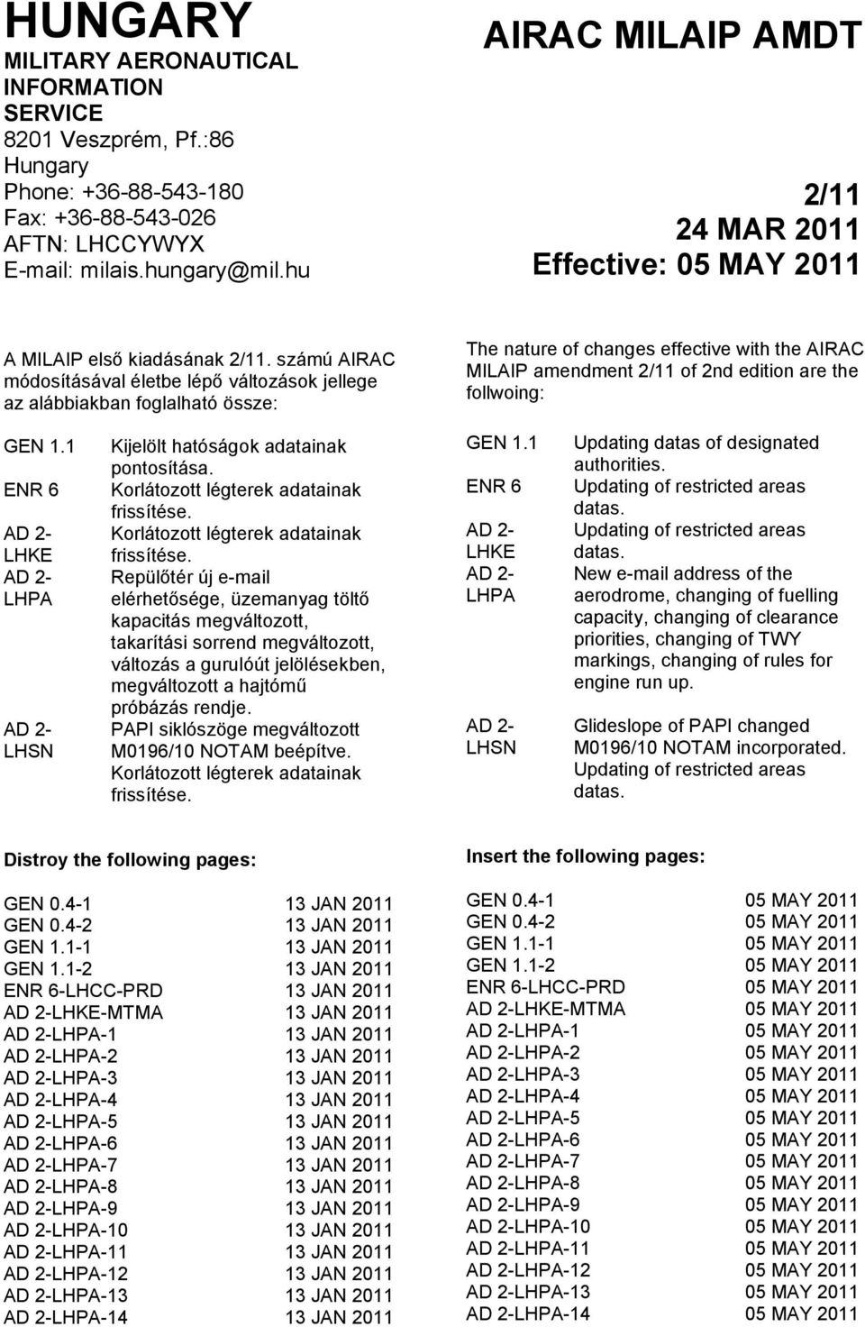 számú AIRAC módosításával életbe lépő változások jellege az alábbiakban foglalható össze: The nature of changes effective with the AIRAC MILAIP amendment 2/11 of 2nd edition are the follwoing: GEN 1.