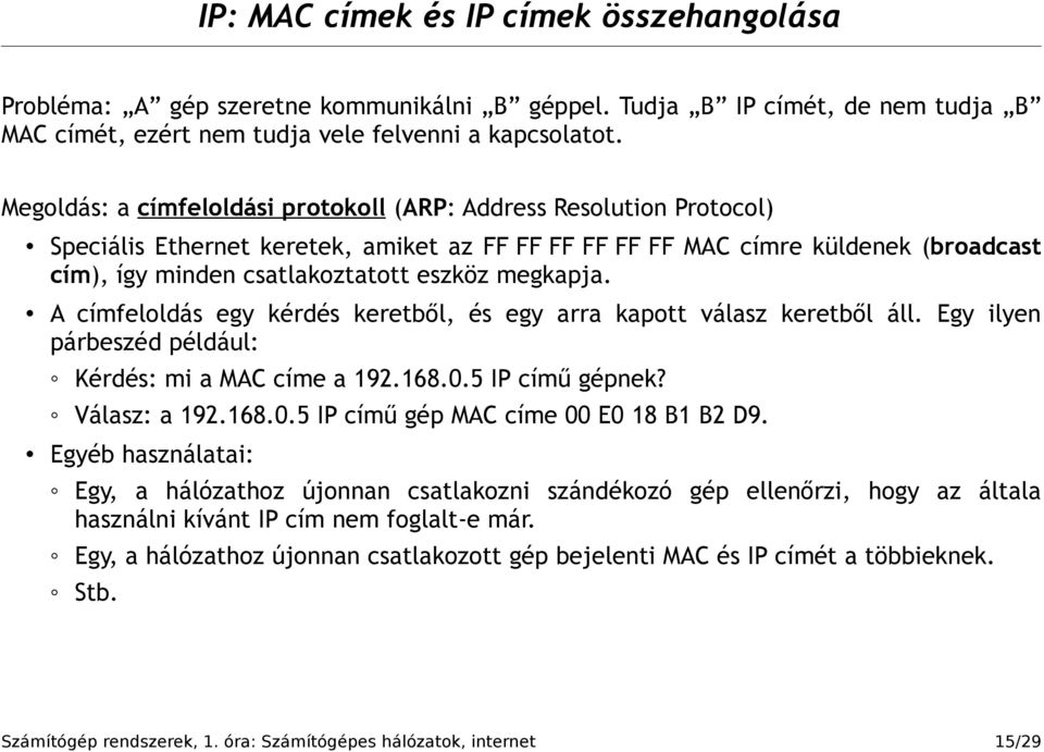 megkapja. A címfeloldás egy kérdés keretből, és egy arra kapott válasz keretből áll. Egy ilyen párbeszéd például: Kérdés: mi a MAC címe a 192.168.0.5 IP című gépnek? Válasz: a 192.168.0.5 IP című gép MAC címe 00 E0 18 B1 B2 D9.