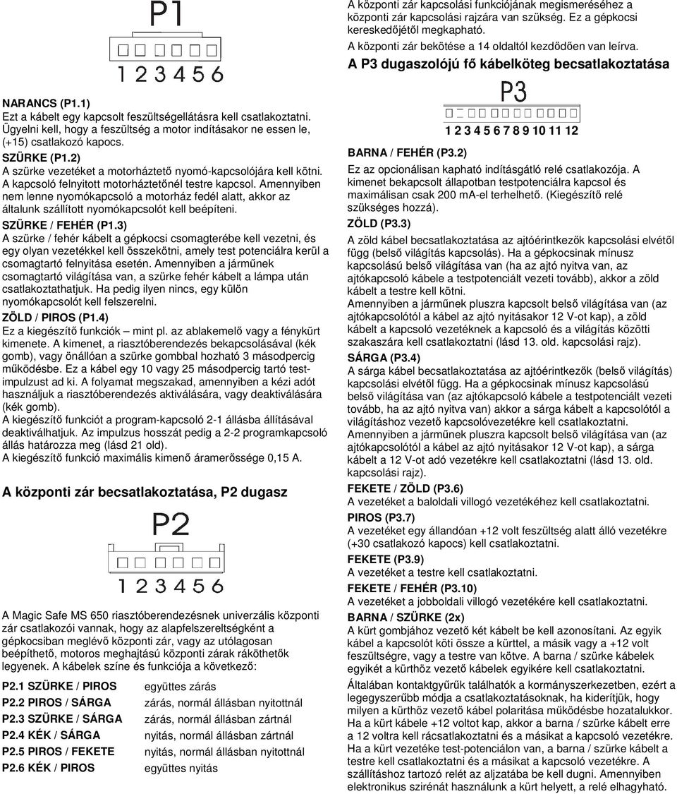 Ügyelni kell, hogy a feszültség a motor indításakor ne essen le, (+15) csatlakozó kapocs. SZÜRKE (P1.2) A szürke vezetéket a motorháztető nyomó-kapcsolójára kell kötni.