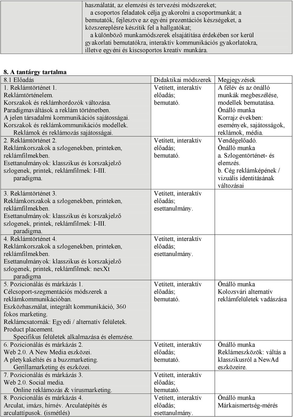 A tantárgy tartalma 8.1 Előadás Didaktikai módszerek Megjegyzések 1. Reklámtörténet 1. Reklámtörténelem. Korszakok és reklámhordozók változása. Paradigmaváltások a reklám történetben.