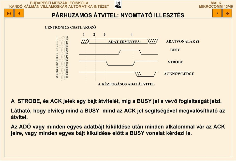 bájt átvitelét, míg a BUSY jel a vevő foglaltságát jelzi. Látható, hogy elvileg mind a BUSY mind az ACK jel segítségével megvalósítható az átvitel.