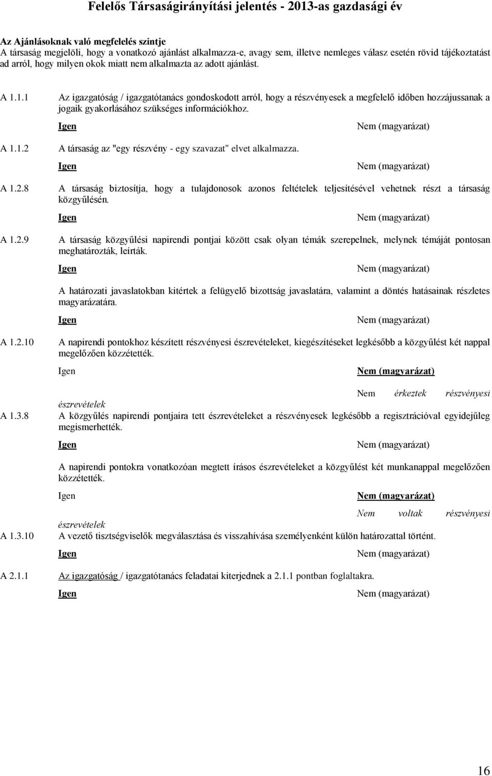 1.1 Az igazgatóság / igazgatótanács gondoskodott arról, hogy a részvényesek a megfelelő időben hozzájussanak a jogaik gyakorlásához szükséges információkhoz. A 1.1.2 A társaság az "egy részvény - egy szavazat" elvet alkalmazza.