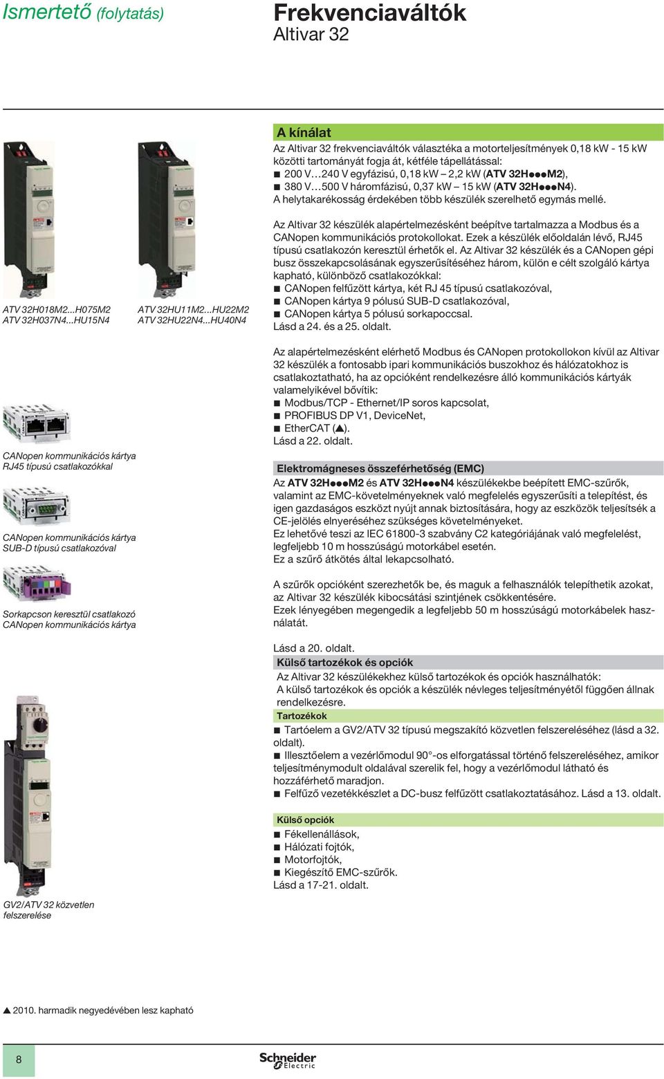 380 V 500 V háromfázisú, 0,37 kw 15 kw (ATV 32HpppN4). A helytakarékosság érdekében több készülék szerelhető egymás mellé.