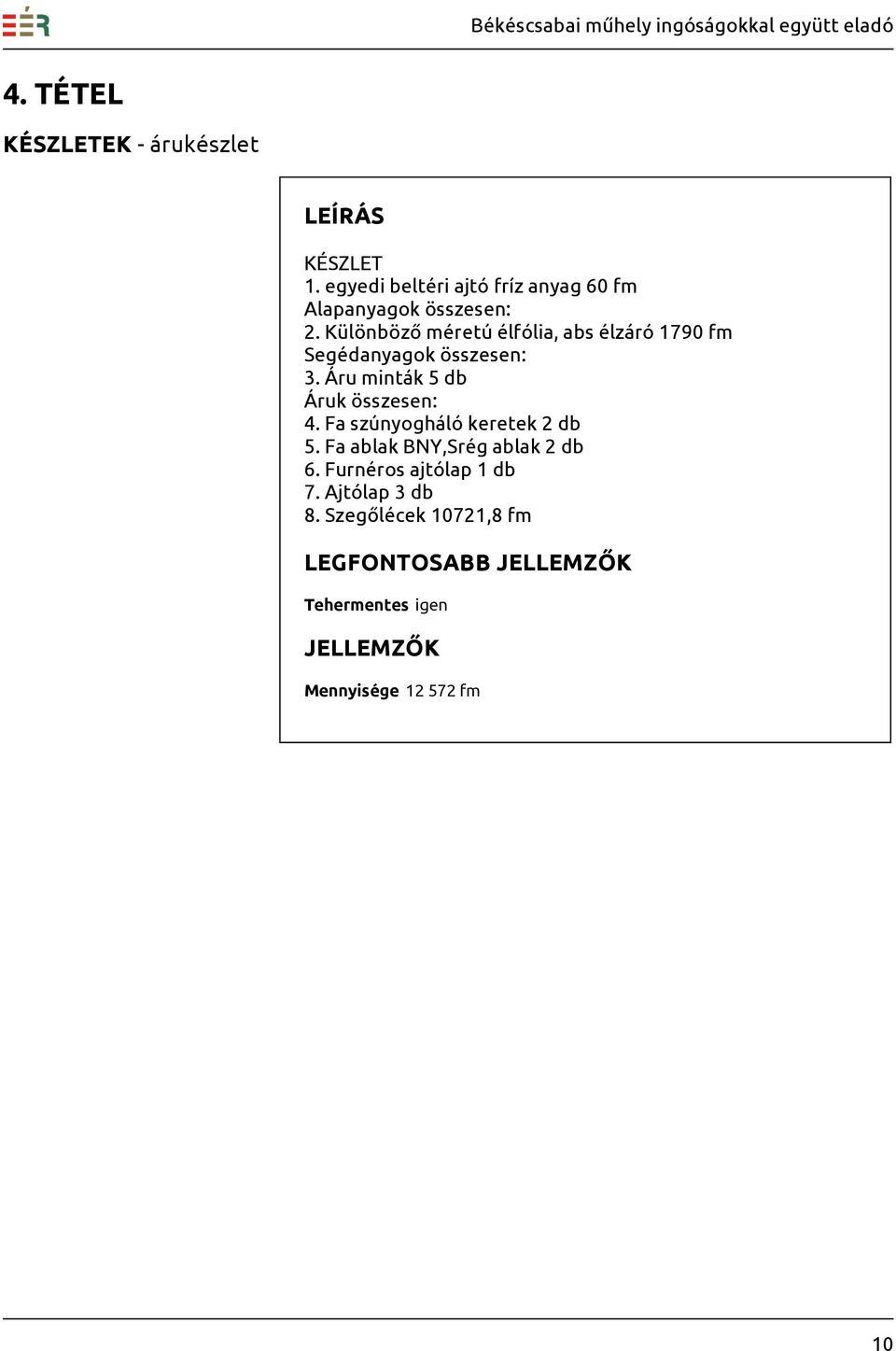 Különböző méretú élfólia, abs élzáró 1790 fm Segédanyagok összesen: 3. Áru minták 5 db Áruk összesen: 4.