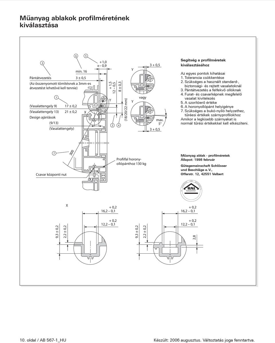 5 3 + 0,5 Segítség a profilméretek kiválasztásához Az egyes pontok kihatásai 1. Tolerancia csökkentése 2. Szükséges a használt standard-, biztonsági- és rejtett vasalatoknál 3.