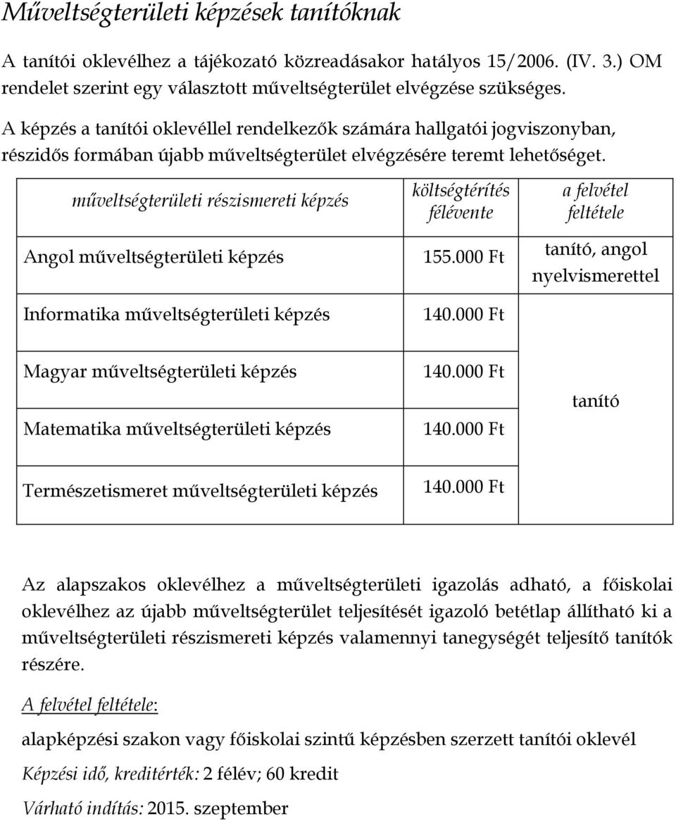 műveltségterületi részismereti képzés Angol műveltségterületi képzés Informatika műveltségterületi képzés költségtérítés félévente 155.000 Ft 140.