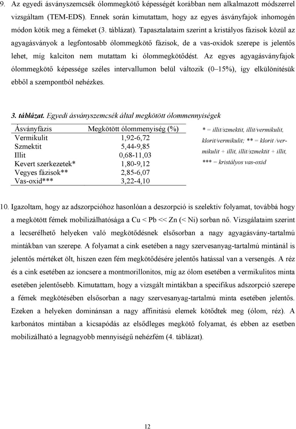 Tapasztalataim szerint a kristályos fázisok közül az agyagásványok a legfontosabb ólommegkötő fázisok, de a vas-oxidok szerepe is jelentős lehet, míg kalciton nem mutattam ki ólommegkötődést.