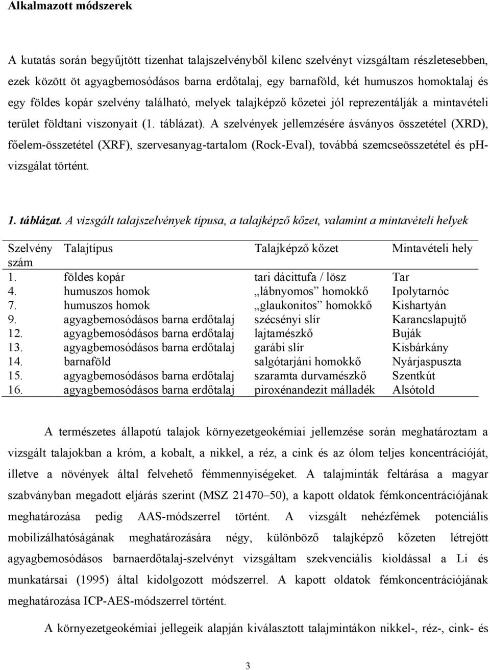 A szelvények jellemzésére ásványos összetétel (XRD), főelem-összetétel (XRF), szervesanyag-tartalom (Rock-Eval), továbbá szemcseösszetétel és phvizsgálat történt. 1. táblázat.