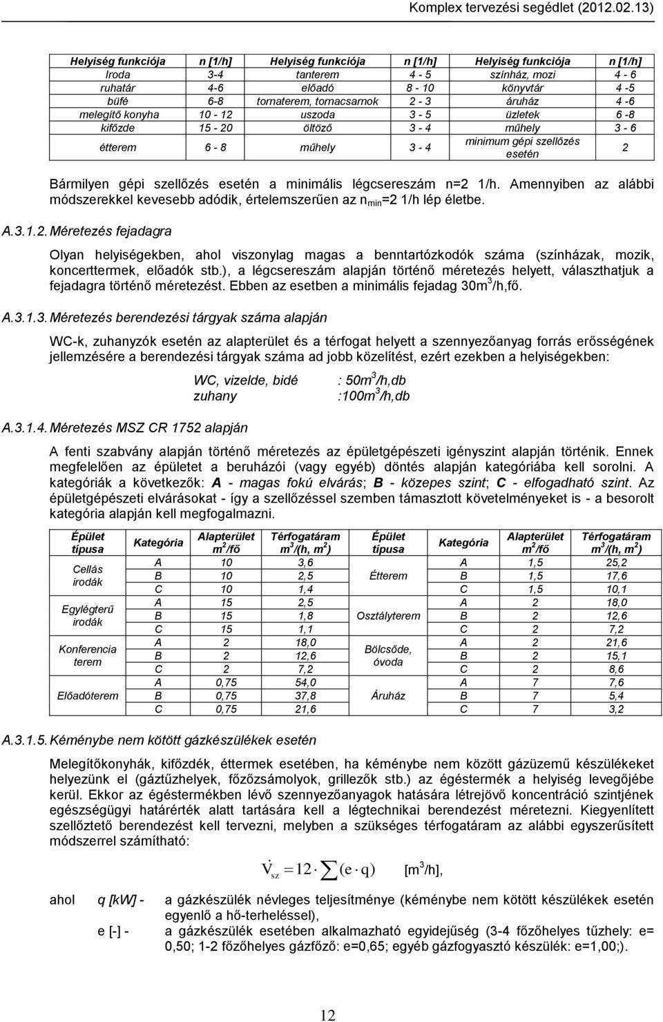 légcsereszám n=2 1/h. Amennyiben az alábbi módszerekkel kevesebb adódik, értelemszerűen az n min =2 1/h lép életbe. A.3.1.2. Méretezés fejadagra Olyan helyiségekben, ahol viszonylag magas a benntartózkodók száma (színházak, mozik, koncerttermek, előadók stb.