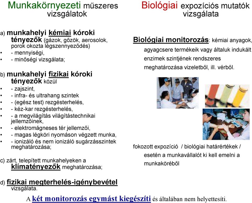 magas légköri nyomáson végzett munka, - ionizáló és nem ionizáló sugárzásszintek meghatározása; c) zárt, telepített munkahelyeken a klímatényezők meghatározása; Biológiai expozíciós mutatók