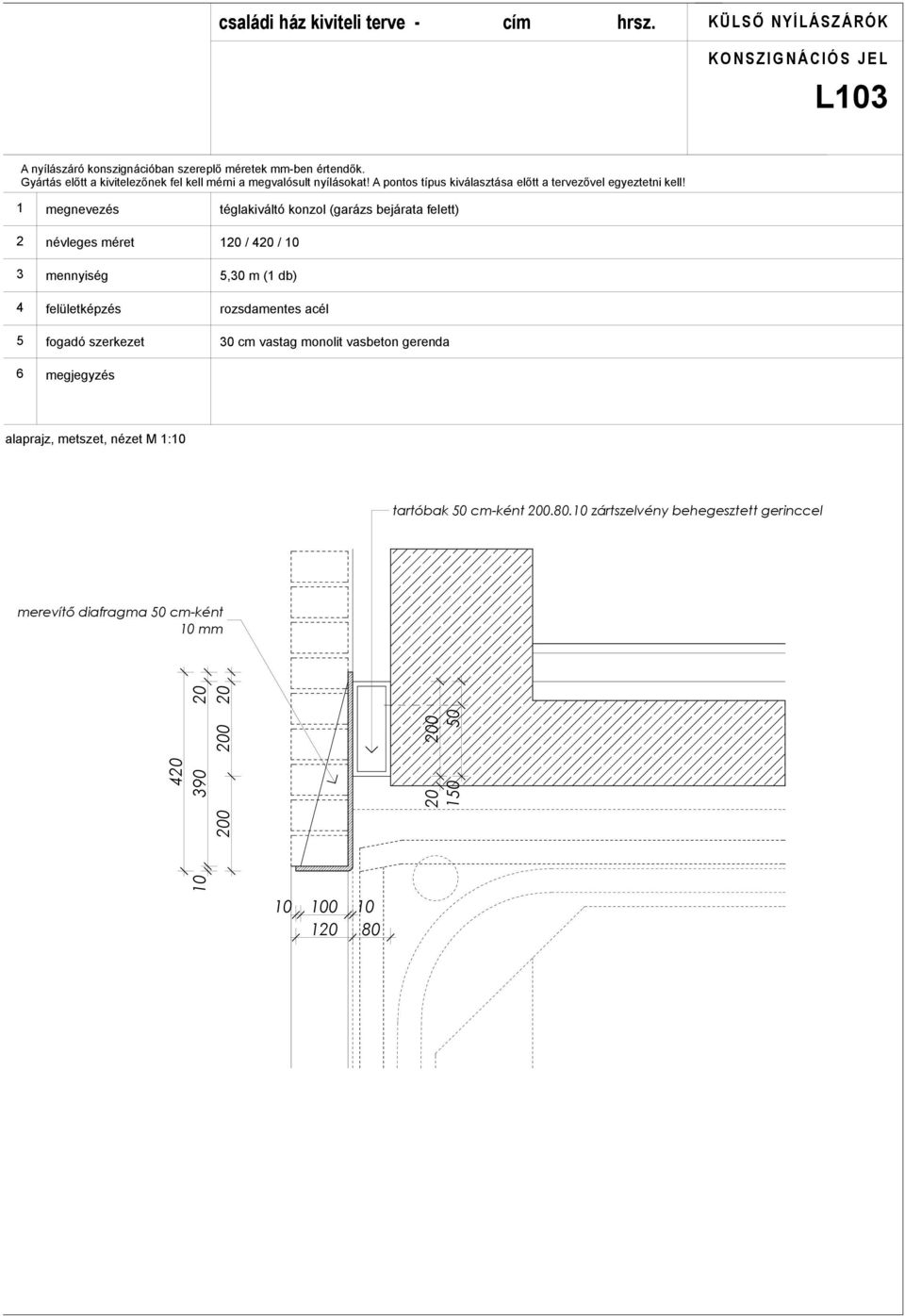 névleges méret mennyiség felületképzés fogadó szerkezet téglakiváltó konzol (garázs bejárata felett) 0 / 0