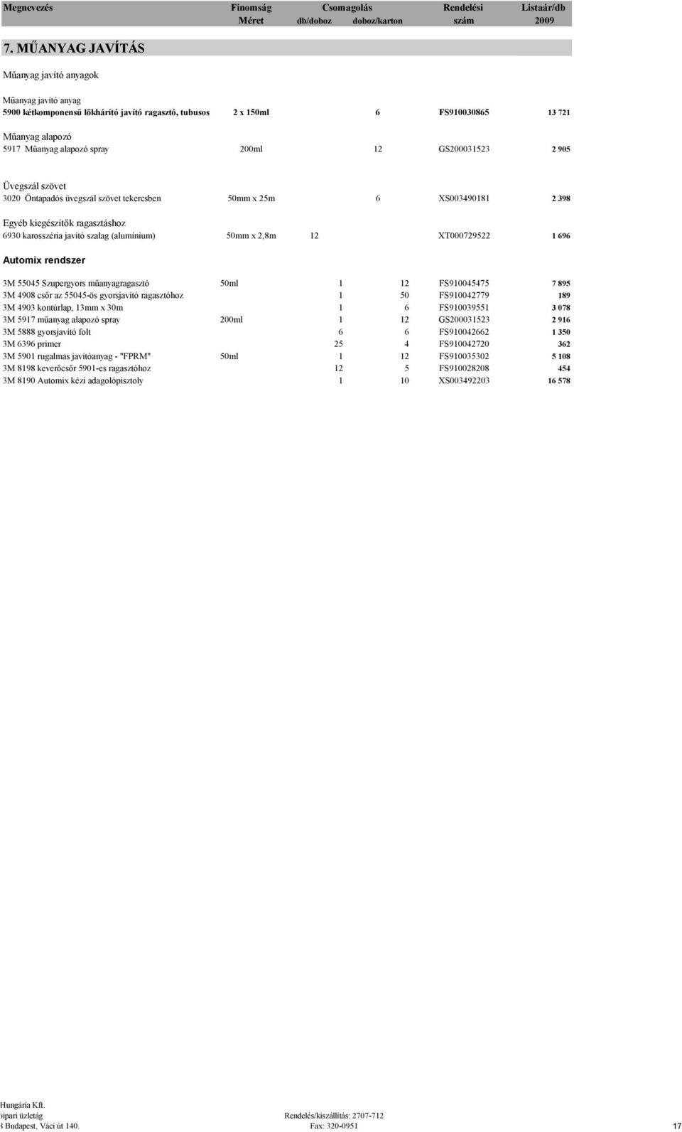 XT000729522 1 696 Automix rendszer 3M 55045 Szupergyors műanyagragasztó 50ml 1 12 FS910045475 7 895 3M 4908 csőr az 55045-ös gyorsjavító ragasztóhoz 1 50 FS910042779 189 3M 4903 kontúrlap, 13mm x 30m