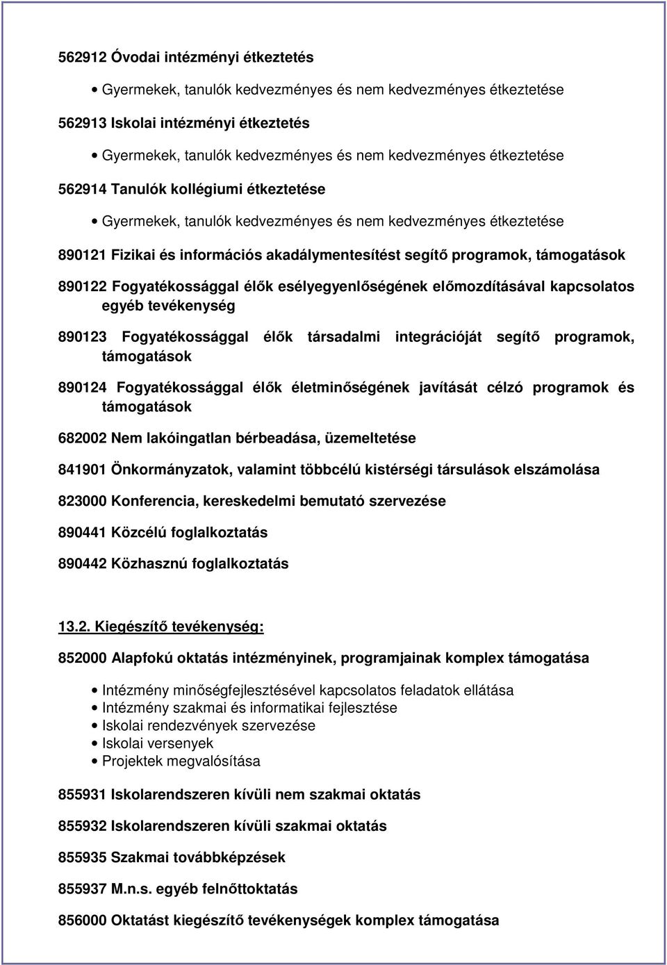 Fogyatékossággal élık esélyegyenlıségének elımozdításával kapcsolatos egyéb tevékenység 890123 Fogyatékossággal élık társadalmi integrációját segítı programok, támogatások 890124 Fogyatékossággal