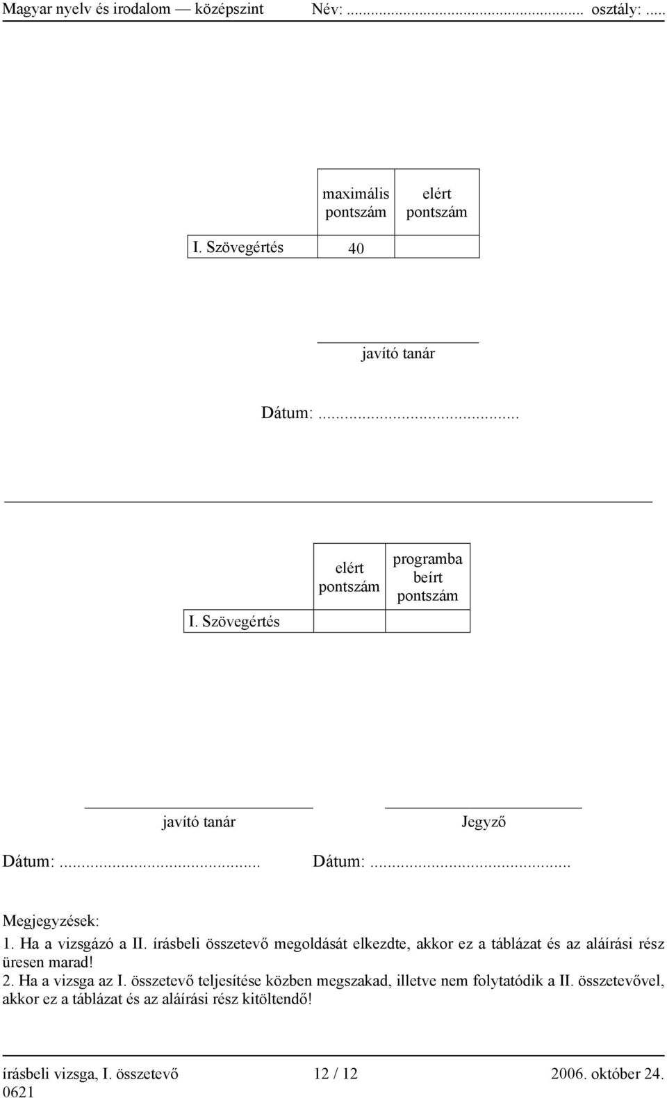 Ha a vizsgázó a II. írásbeli összetevő megoldását elkezdte, akkor ez a táblázat és az aláírási rész üresen marad! 2. Ha a vizsga az I.