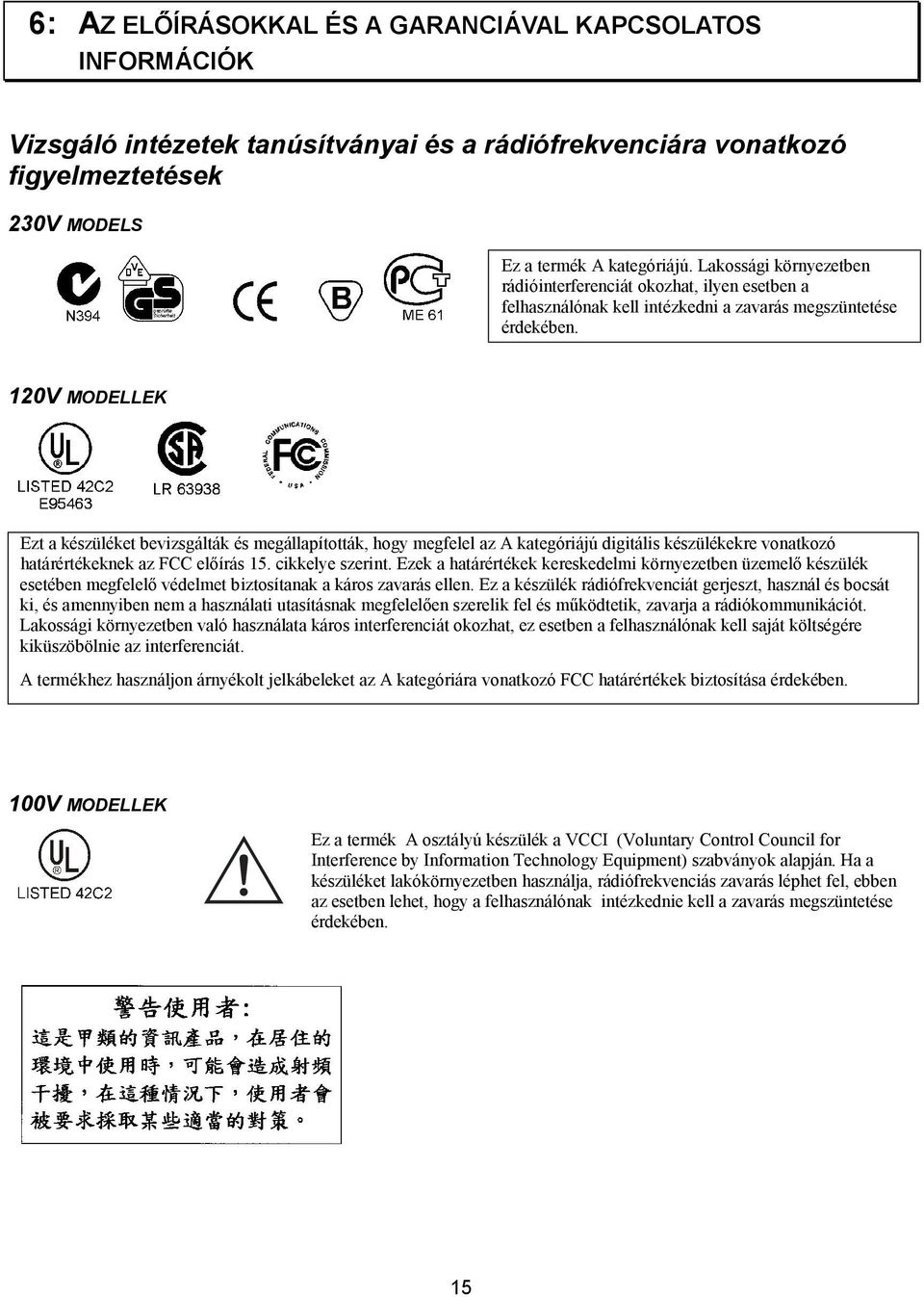 120V MODELLEK Ezt a készüléket bevizsgálták és megállapították, hogy megfelel az A kategóriájú digitális készülékekre vonatkozó határértékeknek az FCC előírás 15. cikkelye szerint.