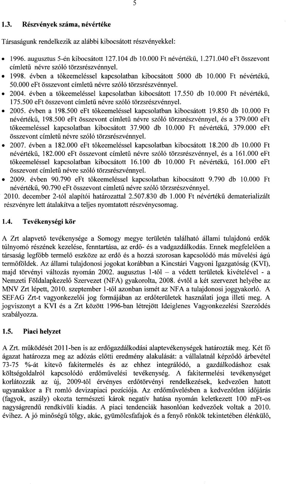 evben a tokeemelessel kapcsolatban kibocsatott 17.55 db 1. Ft neverteku, 175.5 osszevont cimletu nevre szolo torzsreszvennyel. 25. evben a 198.5 tokeemelessel kapcsolatban kibocsatott 19.85 db 1.