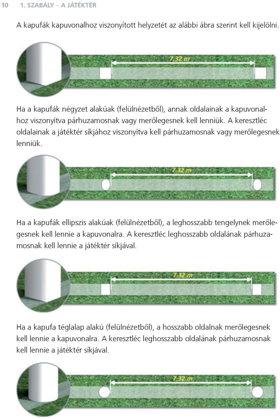 A keresztléc oldalainak a játéktér síkjához viszonyítva kell párhuzamosnak vagy merőlegesnek lenniük.