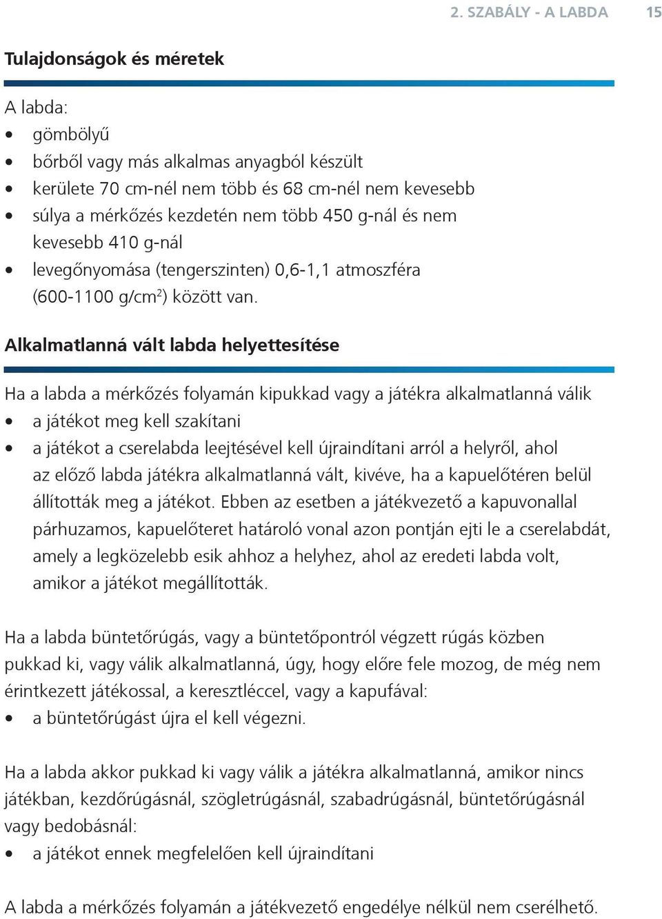 Alkalmatlanná vált labda helyettesítése Ha a labda a mérkőzés folyamán kipukkad vagy a játékra alkalmatlanná válik a játékot meg kell szakítani a játékot a cserelabda leejtésével kell újraindítani