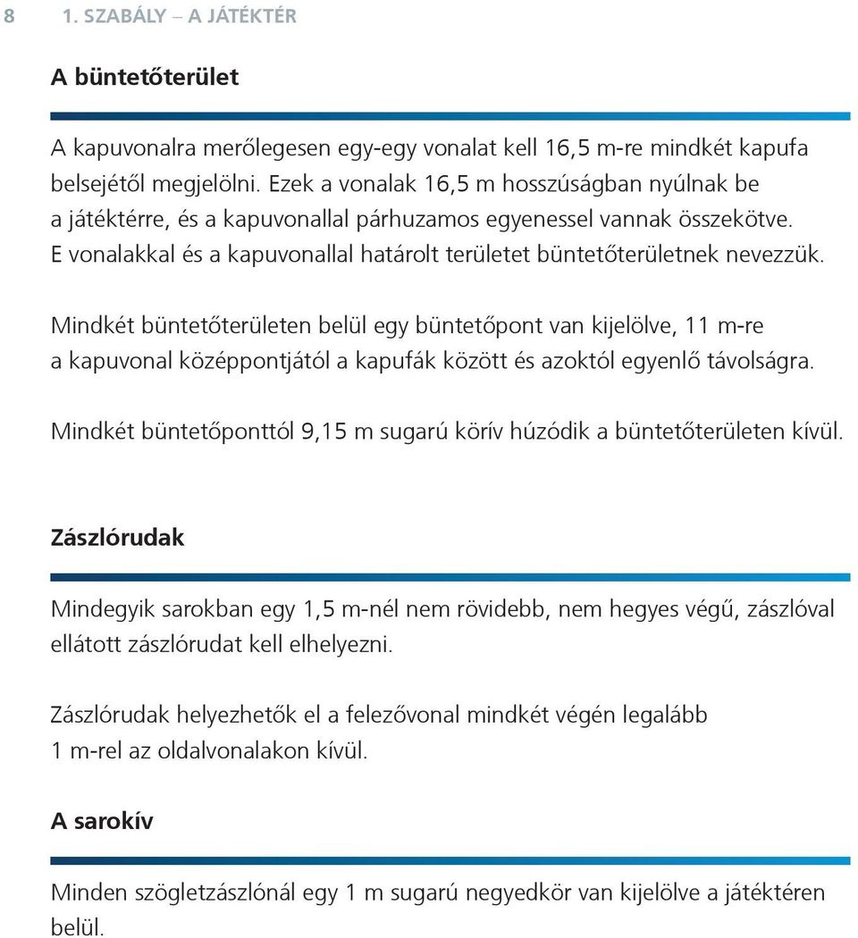 Mindkét büntetőterületen belül egy büntetőpont van kijelölve, 11 m-re a kapuvonal középpontjától a kapufák között és azoktól egyenlő távolságra.