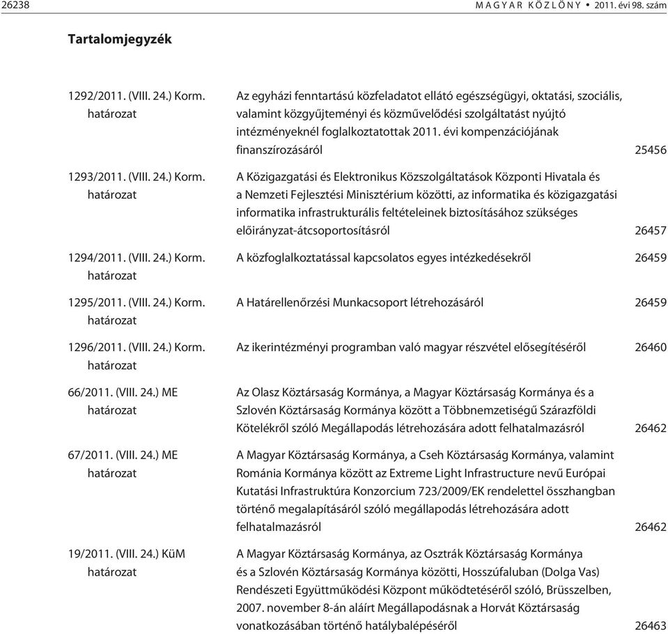 ) Korm. határozat 66/2011. ) ME határozat 67/2011. ) ME határozat 19/2011.