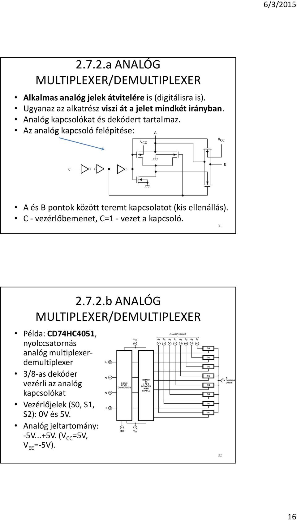 Az analóg kapcsoló felépítése: A és B pontok között teremt kapcsolatot (kis ellenállás). C - vezérlõbemenet, C=1 - vezet a kapcsoló. 31 2.