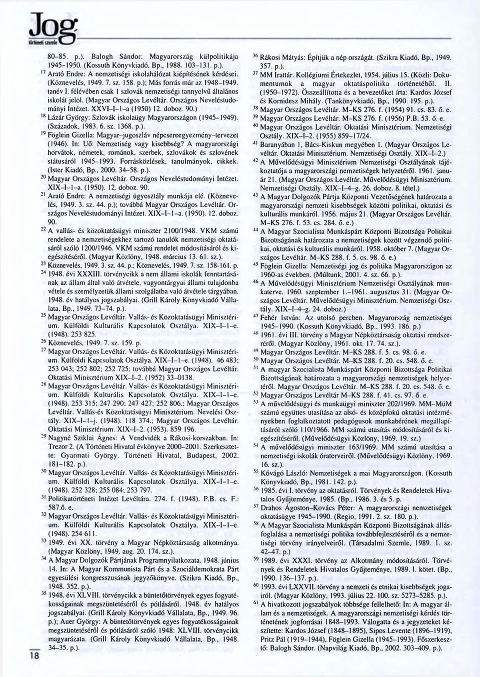 XXVI-I-l-a (1950) 12. doboz. 90.) 18 Lázár György: Szlovák iskolaügy Magyarországon (1945-1949). (Századok, 1983. 6. sz. 1368. p.). 19 Föglein Gizella: Magyar-jugoszláv népcsereegyezmény-tervezet (1946).