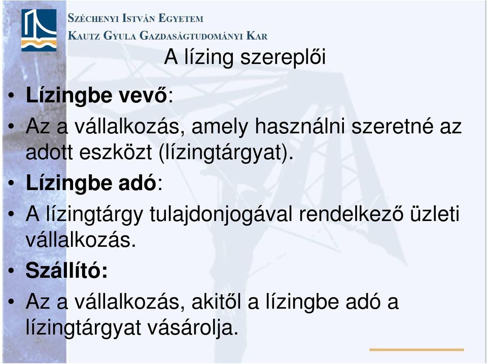 Lízingbe adó: A lízingtárgy tulajdonjogával rendelkező üzleti