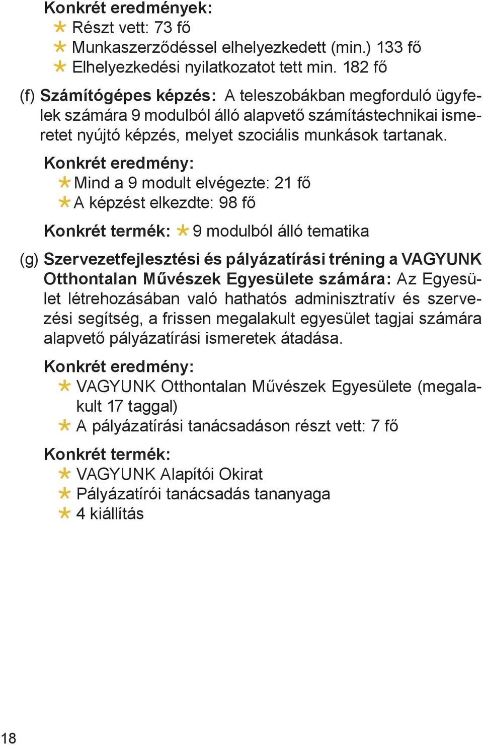 Konkrét eredmény: Mind a 9 modult elvégezte: 21 fő A képzést elkezdte: 98 fő Konkrét termék: 9 modulból álló tematika (g) Szervezetfejlesztési és pályázatírási tréning a VAGYUNK Otthontalan Művészek