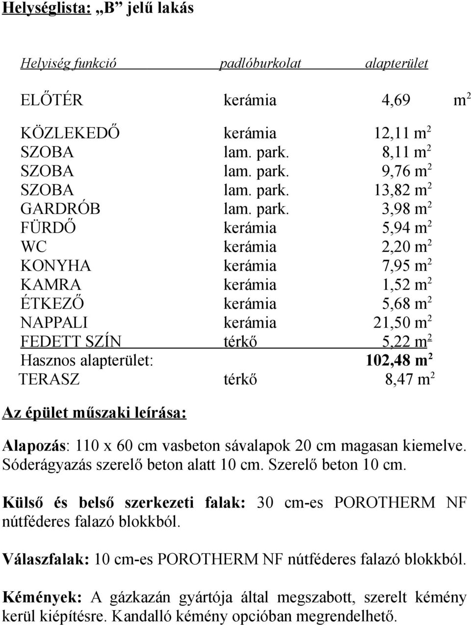 alapterület: 102,48 m 2 TERASZ térkő 8,47 m 2 Az épület műszaki leírása: Alapozás: 110 x 60 cm vasbeton sávalapok 20 cm magasan kiemelve. Sóderágyazás szerelő beton alatt 10 cm. Szerelő beton 10 cm.