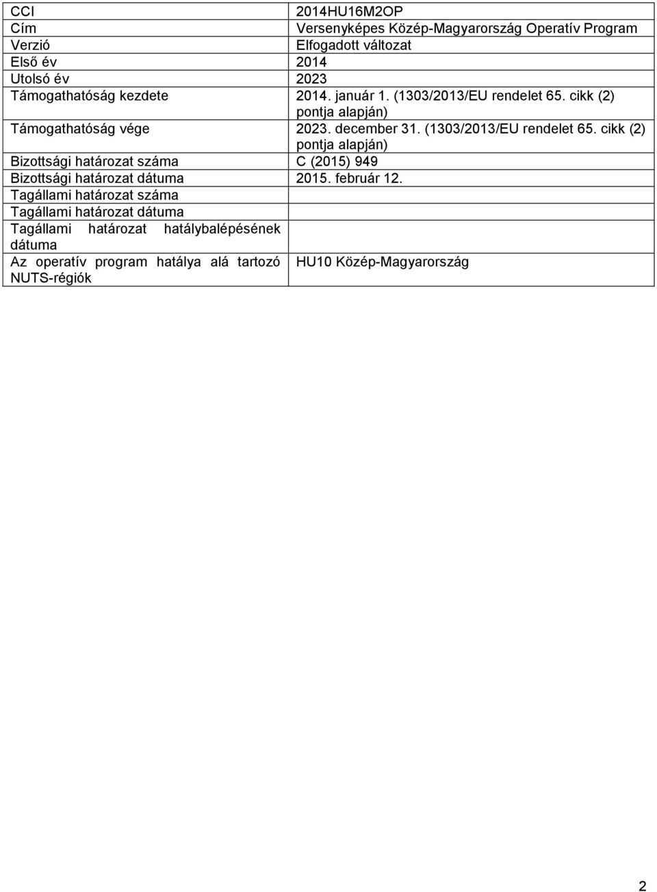 cikk (2) pontja alapján) Támogathatóság vége 2023. december 31. (1303/2013/EU rendelet 65.