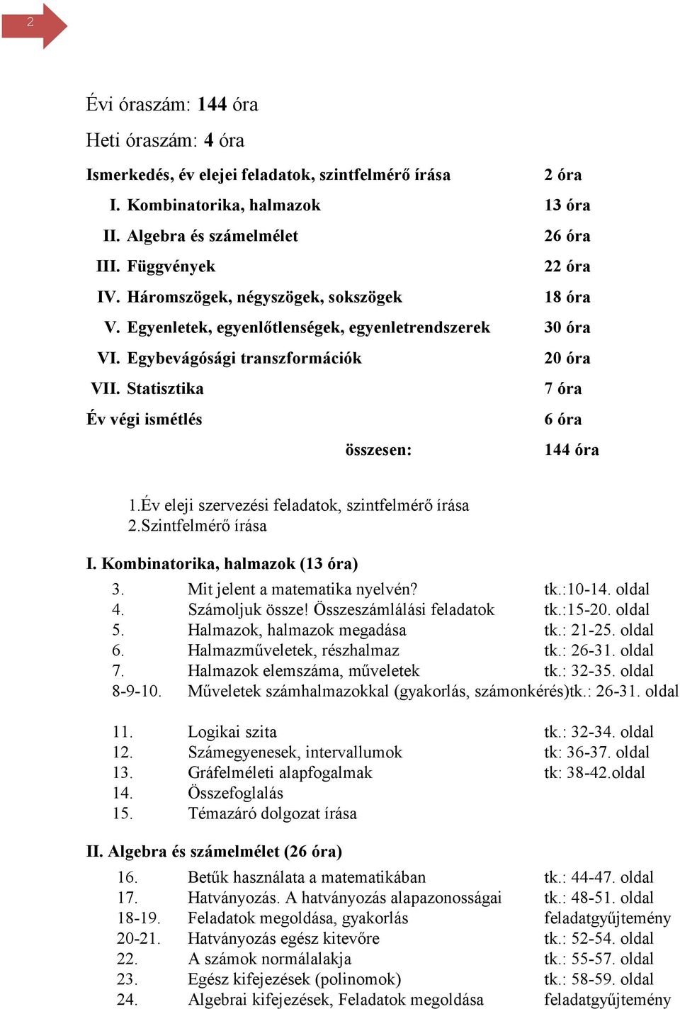 Statisztika Év végi ismétlés összesen: 20 óra 7 óra 6 óra 144 óra 1.Év eleji szervezési feladatok, szintfelmérő írása 2.Szintfelmérő írása I. Kombinatorika, halmazok (13 óra) 3.