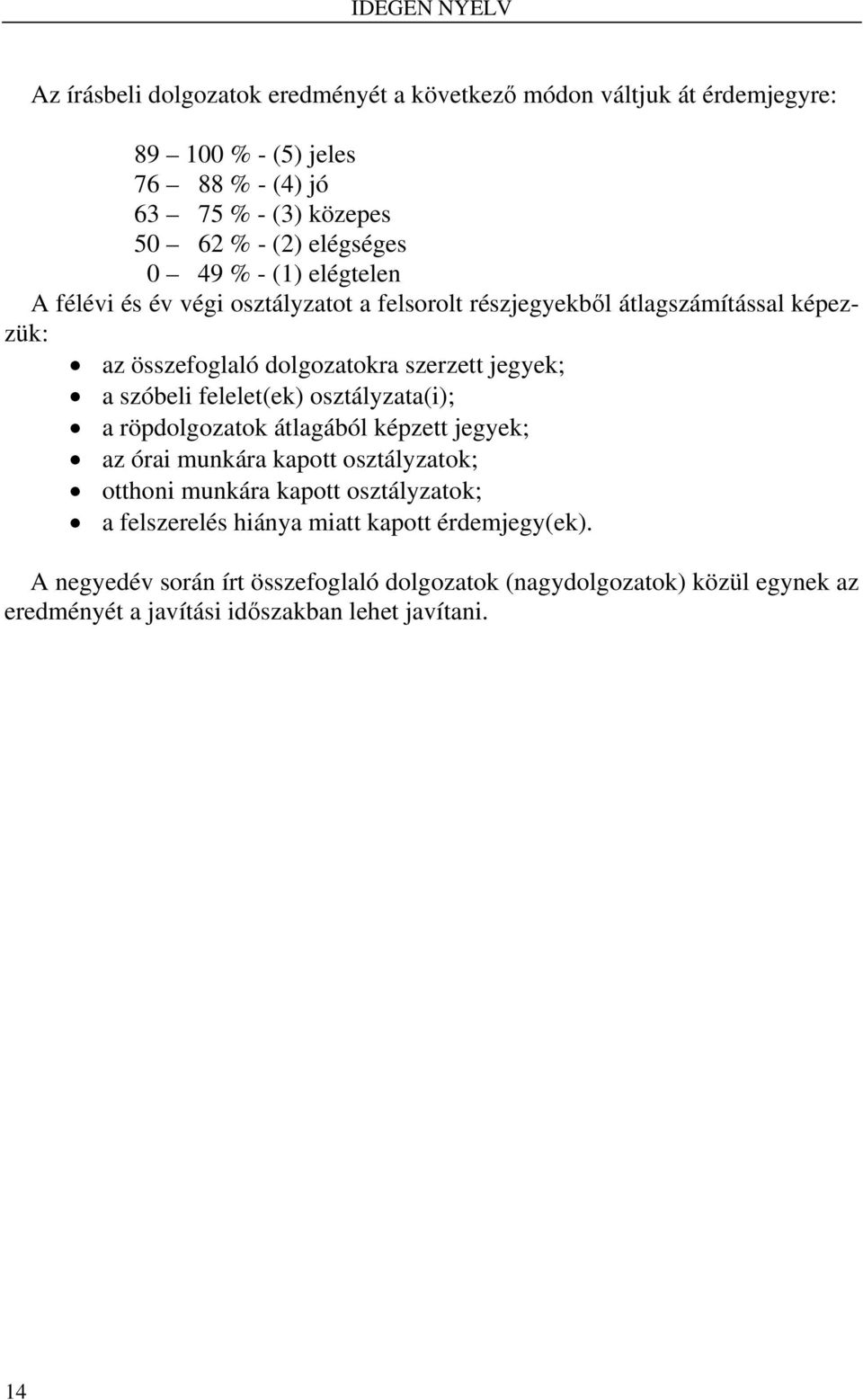 a szóbeli felelet(ek) osztályzata(i); a röpdolgozatok átlagából képzett jegyek; az órai munkára kapott osztályzatok; otthoni munkára kapott osztályzatok; a