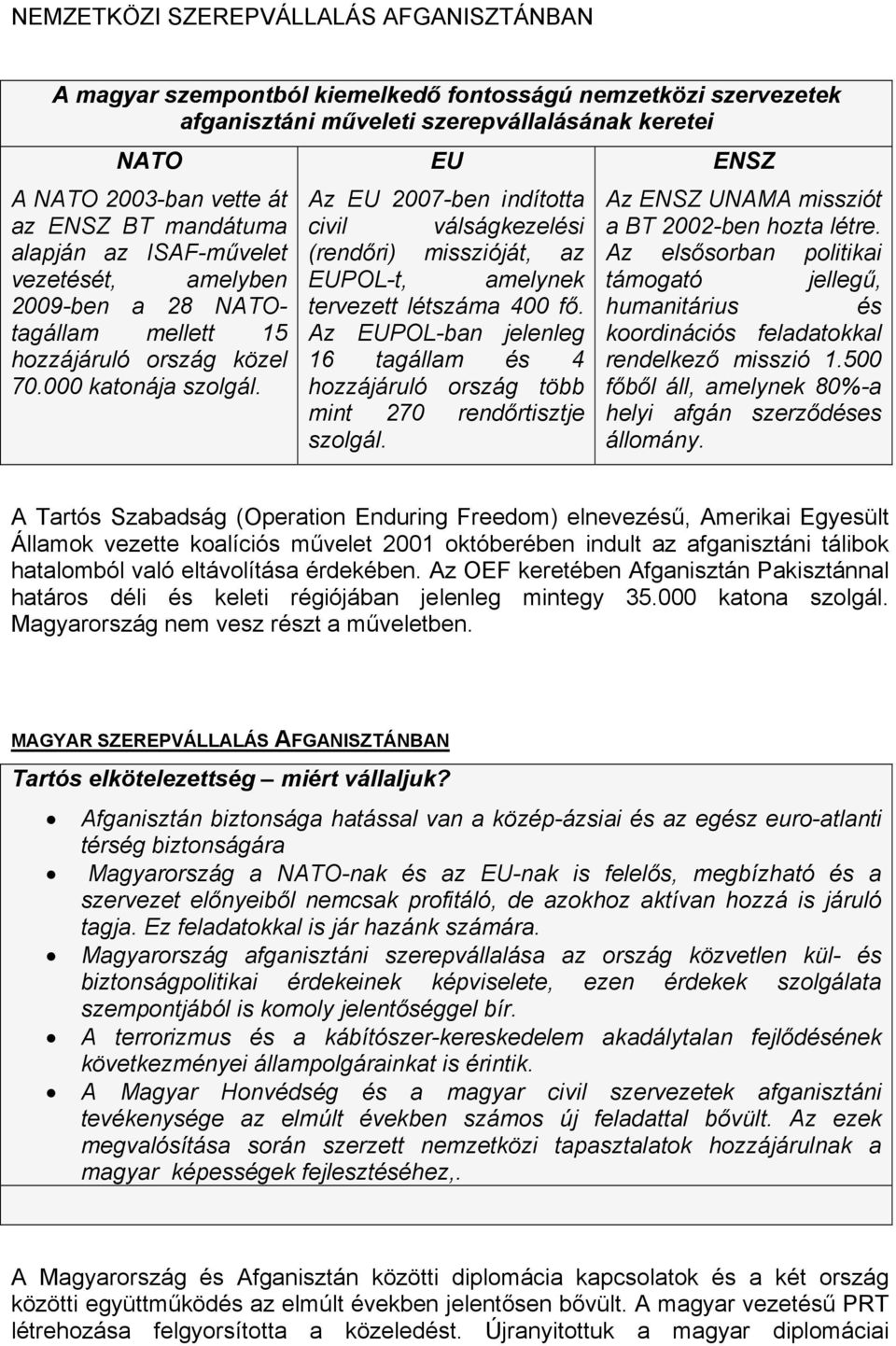 EU Az EU 2007-ben indította civil válságkezelési (rendőri) misszióját, az EUPOL-t, amelynek tervezett létszáma 400 fő.