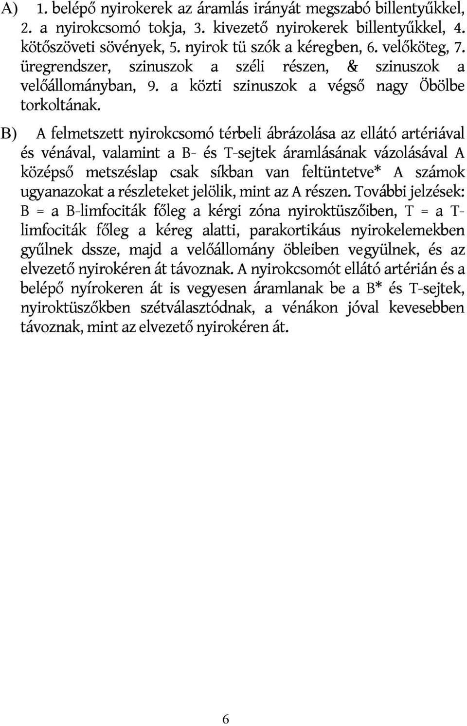 B) A felmetszett nyirokcsomó térbeli ábrázolása az ellátó artériával és vénával, valamint a B- és T-sejtek áramlásának vázolásával A középső metszéslap csak síkban van feltüntetve* A számok