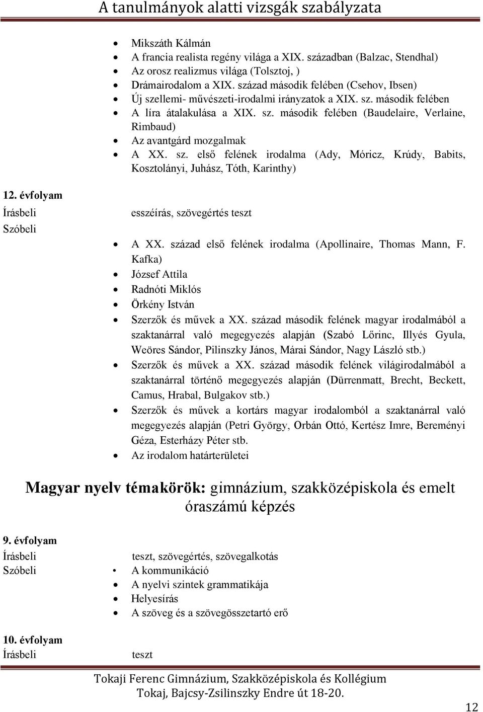 sz. első felének irodalma (Ady, Móricz, Krúdy, Babits, Kosztolányi, Juhász, Tóth, Karinthy) 12. évfolyam Írásbeli Szóbeli esszéírás, szövegértés teszt A XX.