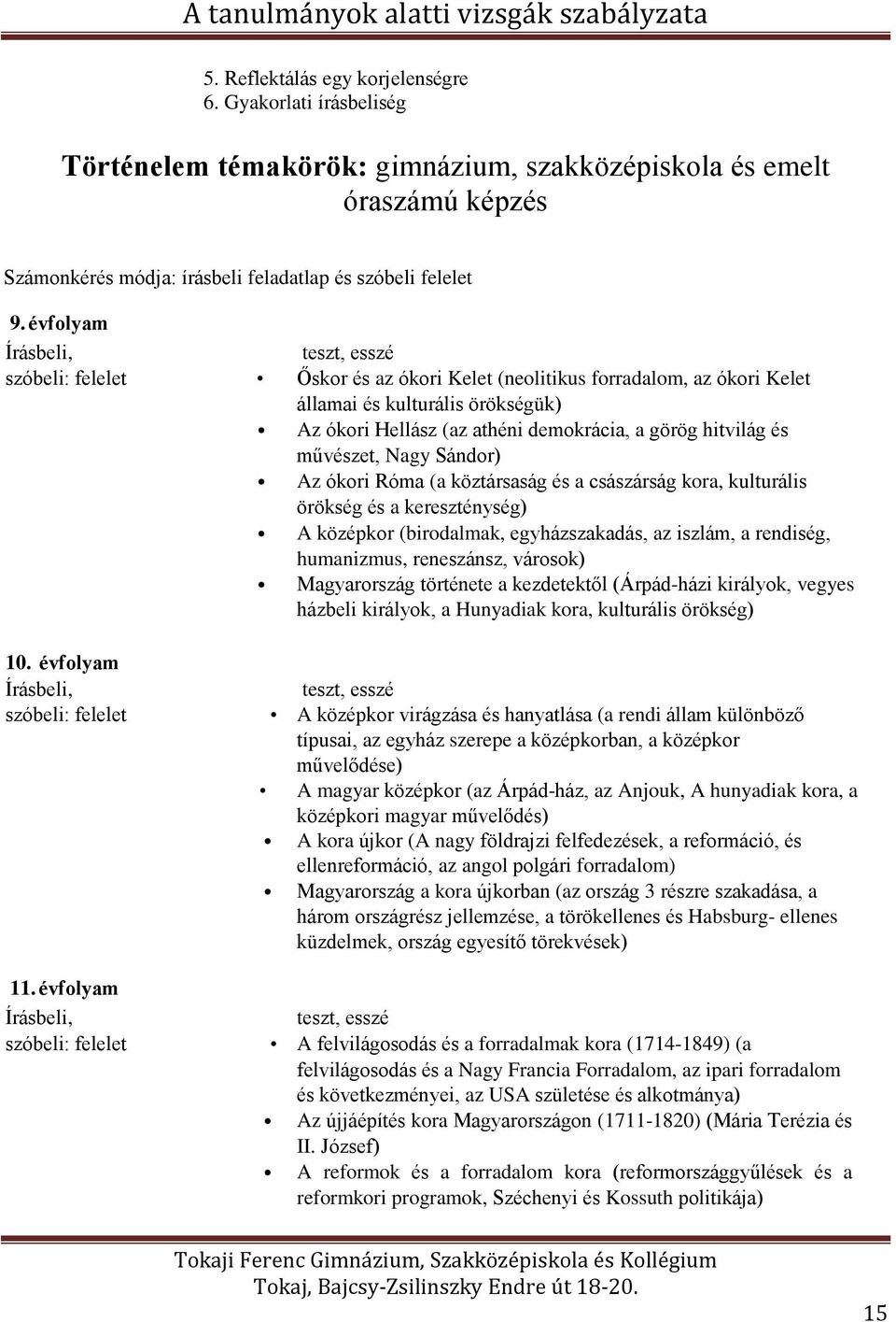 hitvilág és művészet, Nagy Sándor) Az ókori Róma (a köztársaság és a császárság kora, kulturális örökség és a kereszténység) A középkor (birodalmak, egyházszakadás, az iszlám, a rendiség, humanizmus,