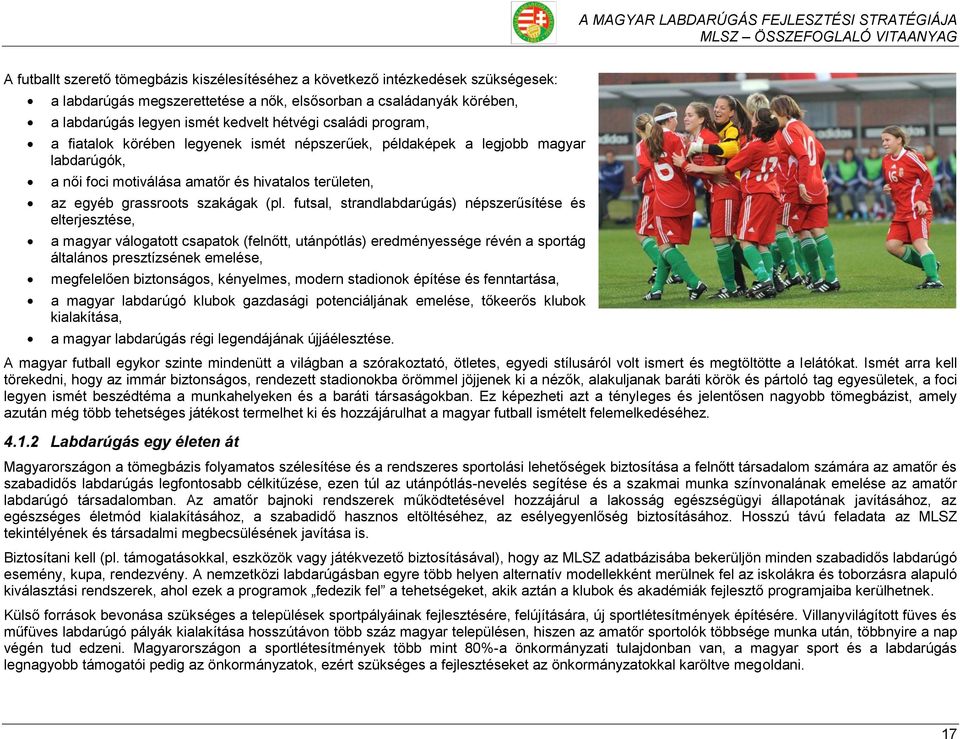 futsal, strandlabdarúgás) népszerűsítése és elterjesztése, a magyar válogatott csapatok (felnőtt, utánpótlás) eredményessége révén a sportág általános presztízsének emelése, megfelelően biztonságos,