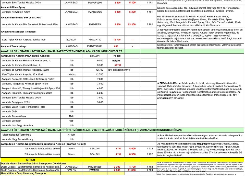 Termékkönyv LAKOSSÁGI PMAGTK2011 650 - AWAPUHI ÉS KERATIN NAGYHATÁSÚ HAJÚJRAÉPÍTŐ TERMÉKCSALÁD - KABIN INDULÓKÉSZLET Awapuhi és Keratin PRO Induló Készlet: SZALON 73 800 Awapuhi és Keratin Hidratáló