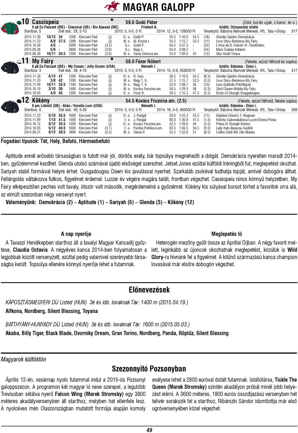 5 (18) Glenda-Spieler-Demokrácia 2014.11.23 8/8 37.5 1200 Kincsem Park (j) III. o. ifj. Kozma I. 54.5 1:15.7 52.5 (11) Love Story-Berkenye-My Fairy 2014.10.26 4/5-3200 Kincsem Park (3.5) G.v. Godó P.