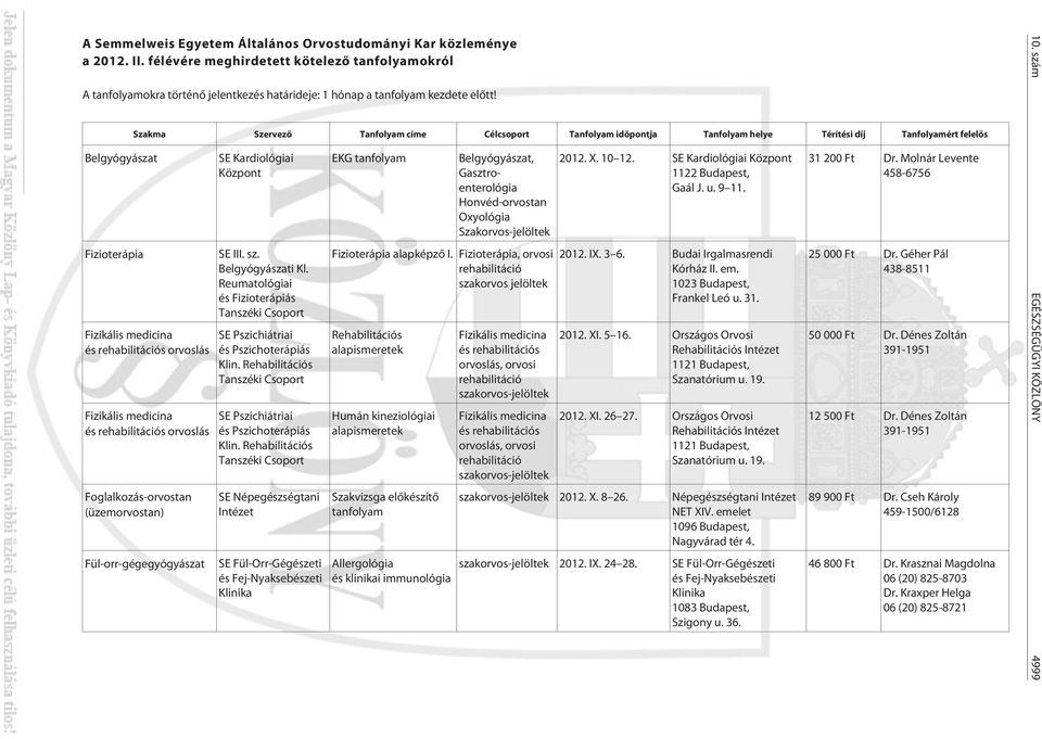 Belgyógyászat Fizioterápia Szakma Szervezõ Tanfolyam címe Célcsoport Tanfolyam idõpontja Tanfolyam helye Térítési díj Tanfolyamért felelõs Fizikális medicina és rehabilitációs orvoslás Fizikális